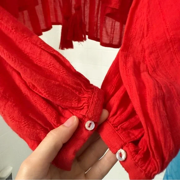 Sold Free People Cotton Lace Longe sleeve cover blouse Red Top - Picture 6 of 9